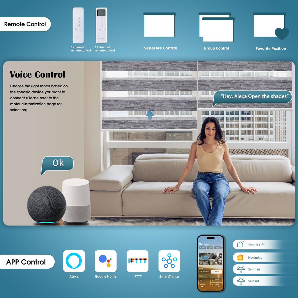 Motorized Zebra Blinds with Remote Control, Gorgeous Light Grey