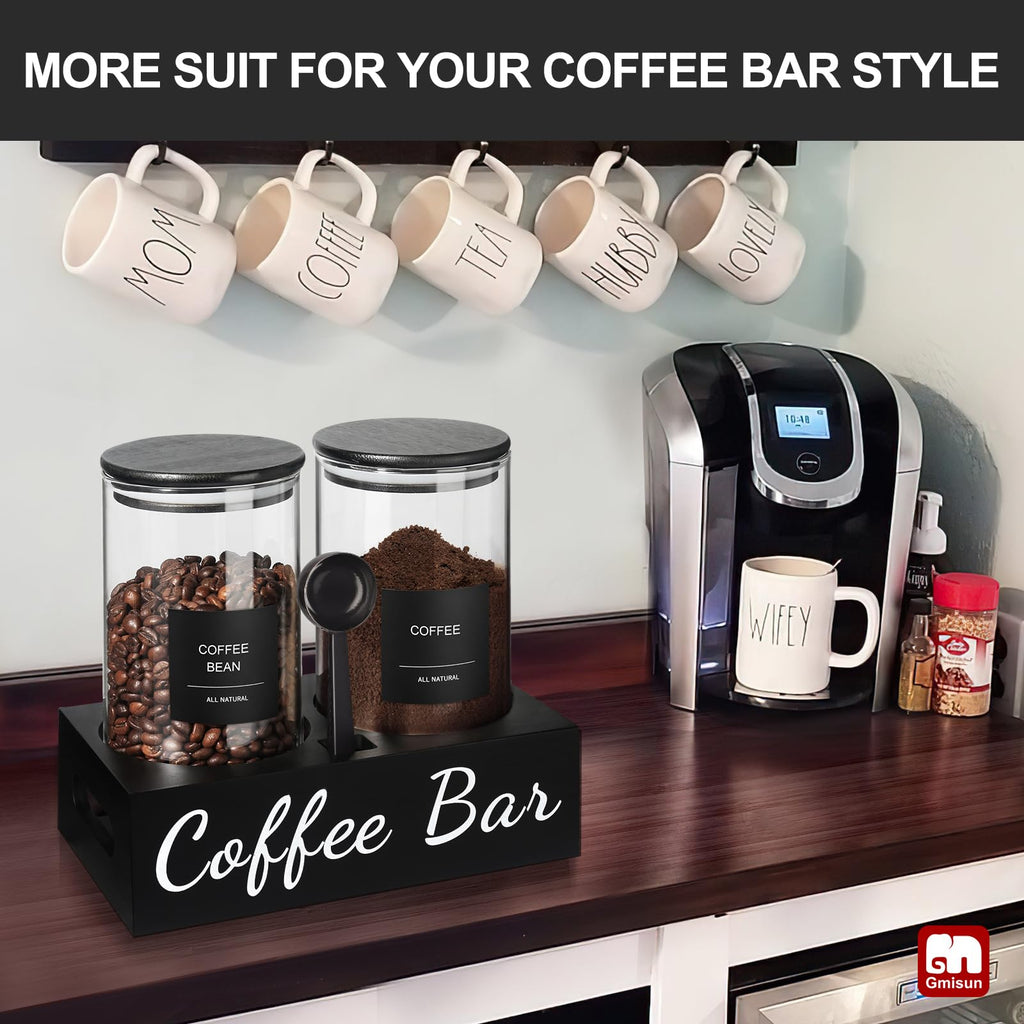 Coffee Container, 2 Pcs 50 Fl oz Airtight Bean Storage Canister, Black Glass Ground Coffee and Sugar Jar Set with