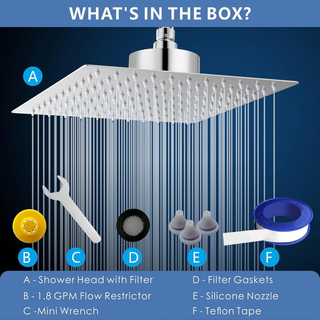 Rain Shower Head with Filtered - High Flow Large Rainfall Shower Heads Made of Stainless Steel