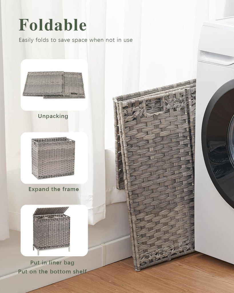 Laundry Hamper with Lid, 35 Gal 3-Bag Clothes Sorter, Gray