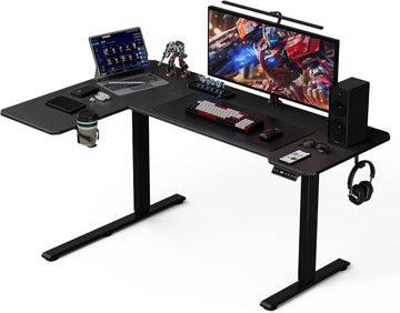 L Shaped Electric Standing Desk - 59x40 Inch Reversible Corner Sit Stand Desk with Hook&Cup Holder,Electric Height