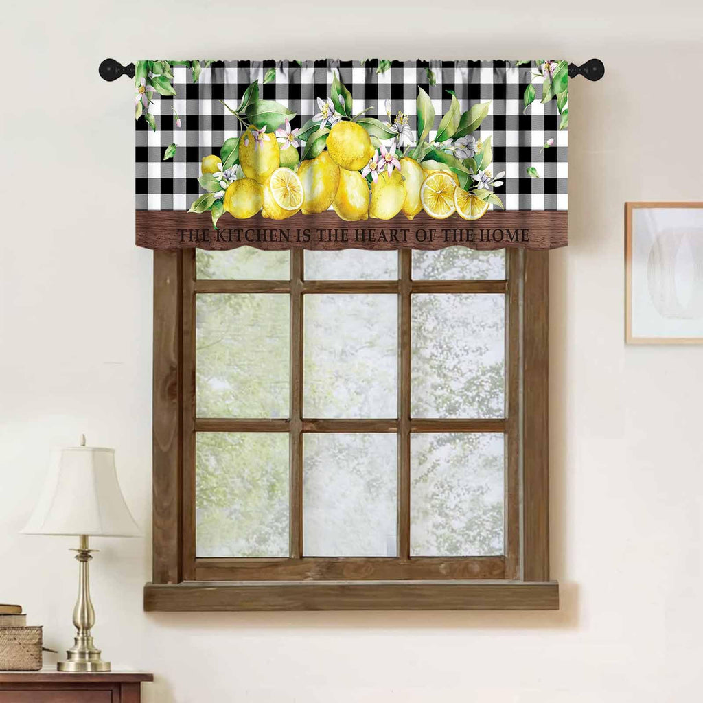 Lemon Window Valance, Summer Kitchen Decor Farmhouse Yellow Fruit Watercolor Floral Rustic Plant Wood Plaid Printed
