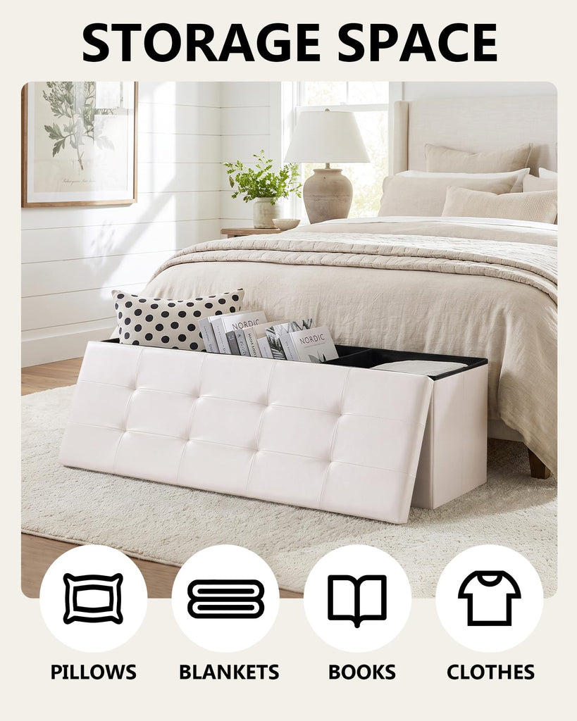 Folding Storage Ottoman Bench with Tray, Beige Faux Leather