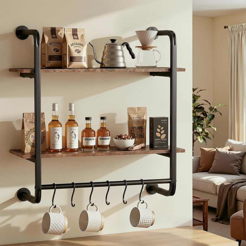 2 Tier Industrial Pipe Floating Shelf, 24" Kitchen Wall Shelves