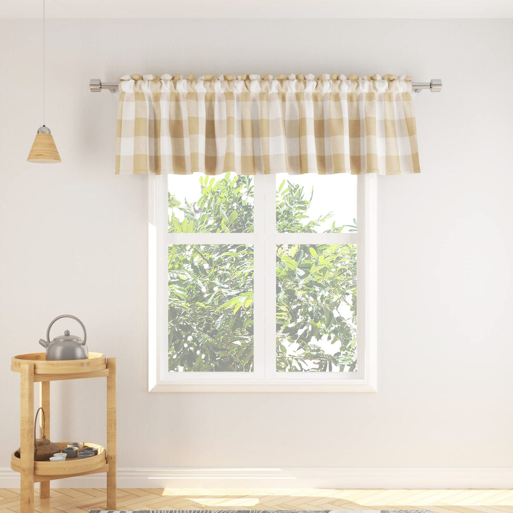 3 Pc Cotton Classic Country Farmhouse Kitchen Window Curtain -Beige & White Buffalo Check Tier & Valance Set, 54" x