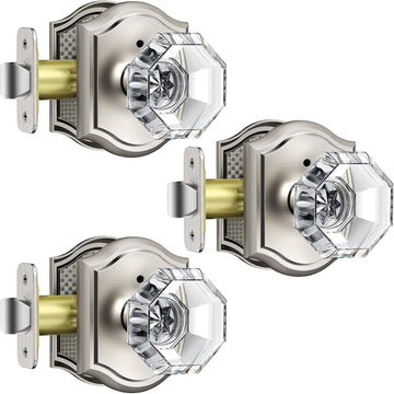 3 Pack Glass Door Knob, Octagon Shaped Crystal Door Knobs with Lock, Satin Nickel Door Knobs Interior Glass