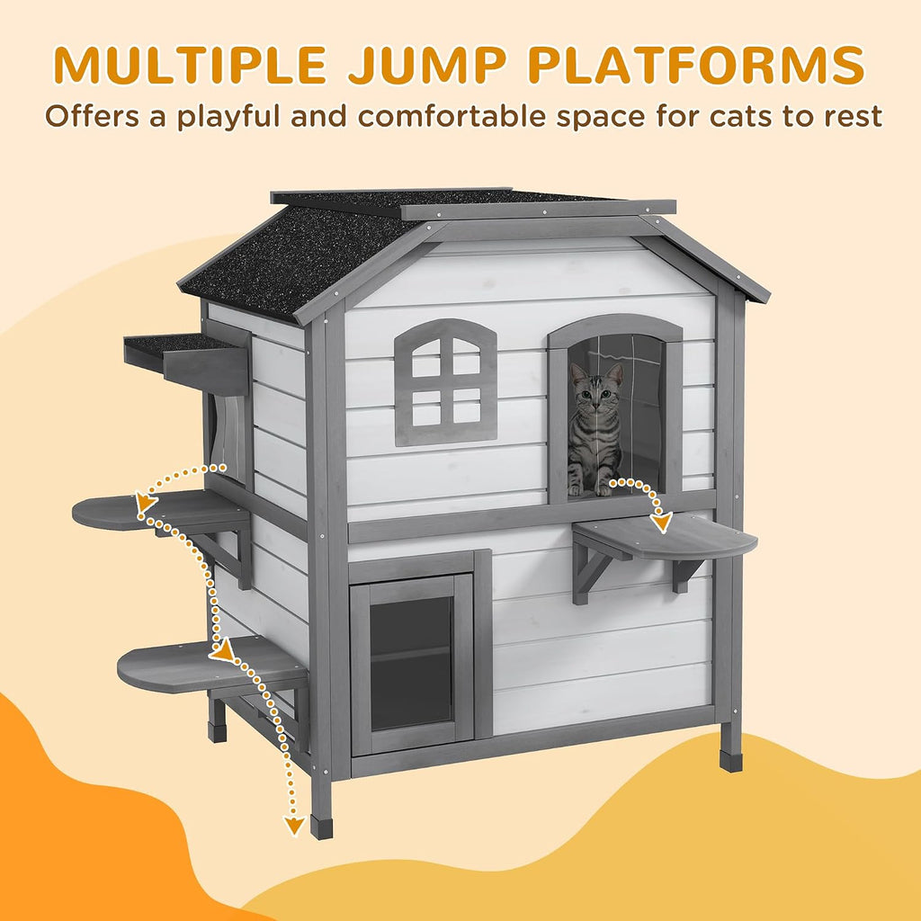 2-Story Cat House Outdoor, Weatherproof Wooden Cat Enclosure for Feral Cats with Escape Door, Openable Roof, Jumping