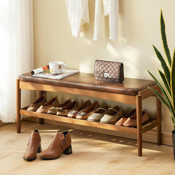 Shoe Rack Bench Entryway Bamboo Shoe Storage Bench with Leather Cushion 2 Tiers Shoe Rack Entryway Bench (Walnut