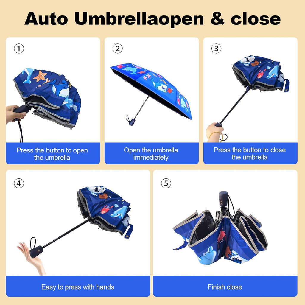 Kids Automatic Umbrella with Cartoon Print & Reflective Strip,easy One-Button Open Close, UPF 50+ Sun & Wind