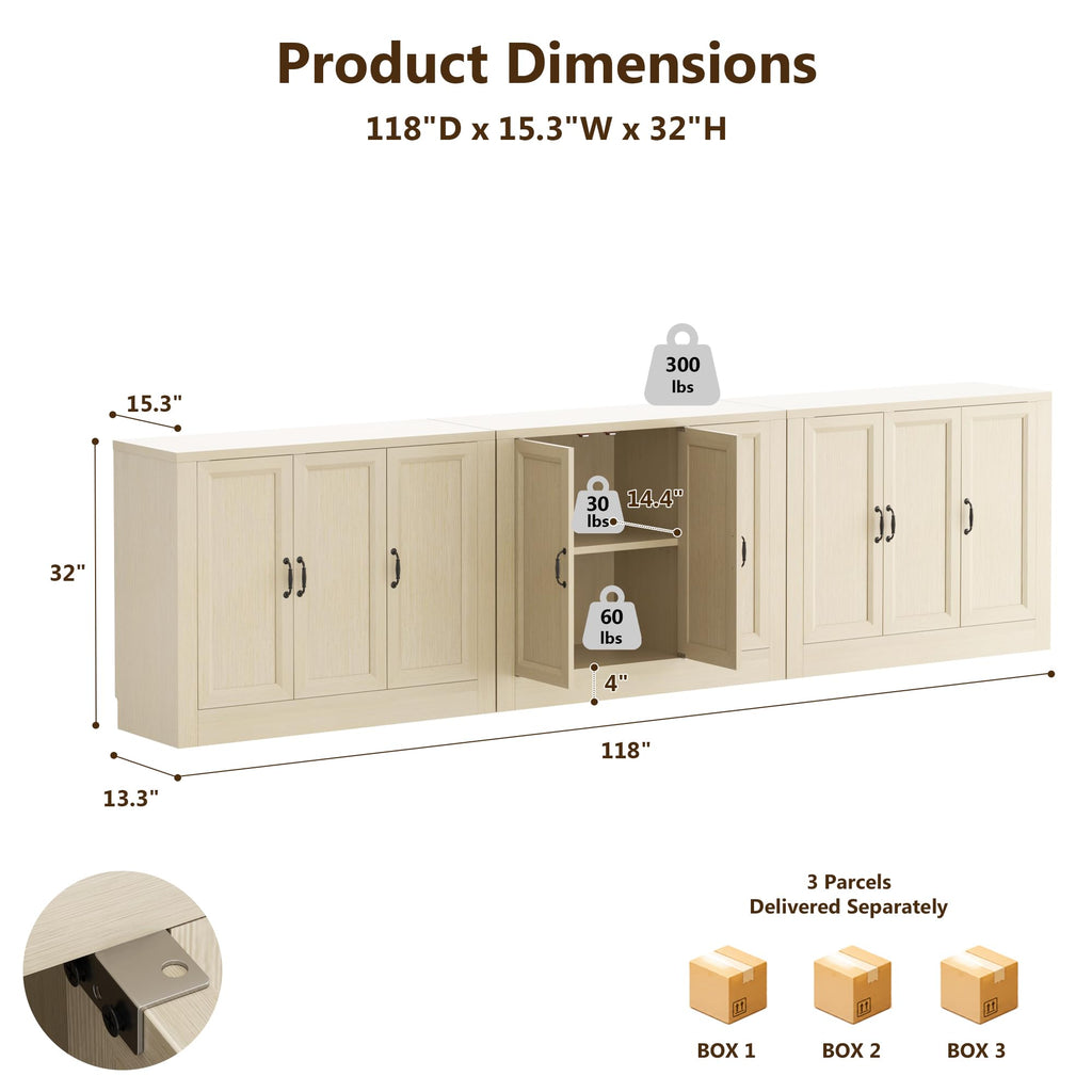 118" W Modern Buffet Cabinet, Modular Sideboard Cabinet with Baseboard Design & Adjustable Shelves, Sturdy Wood