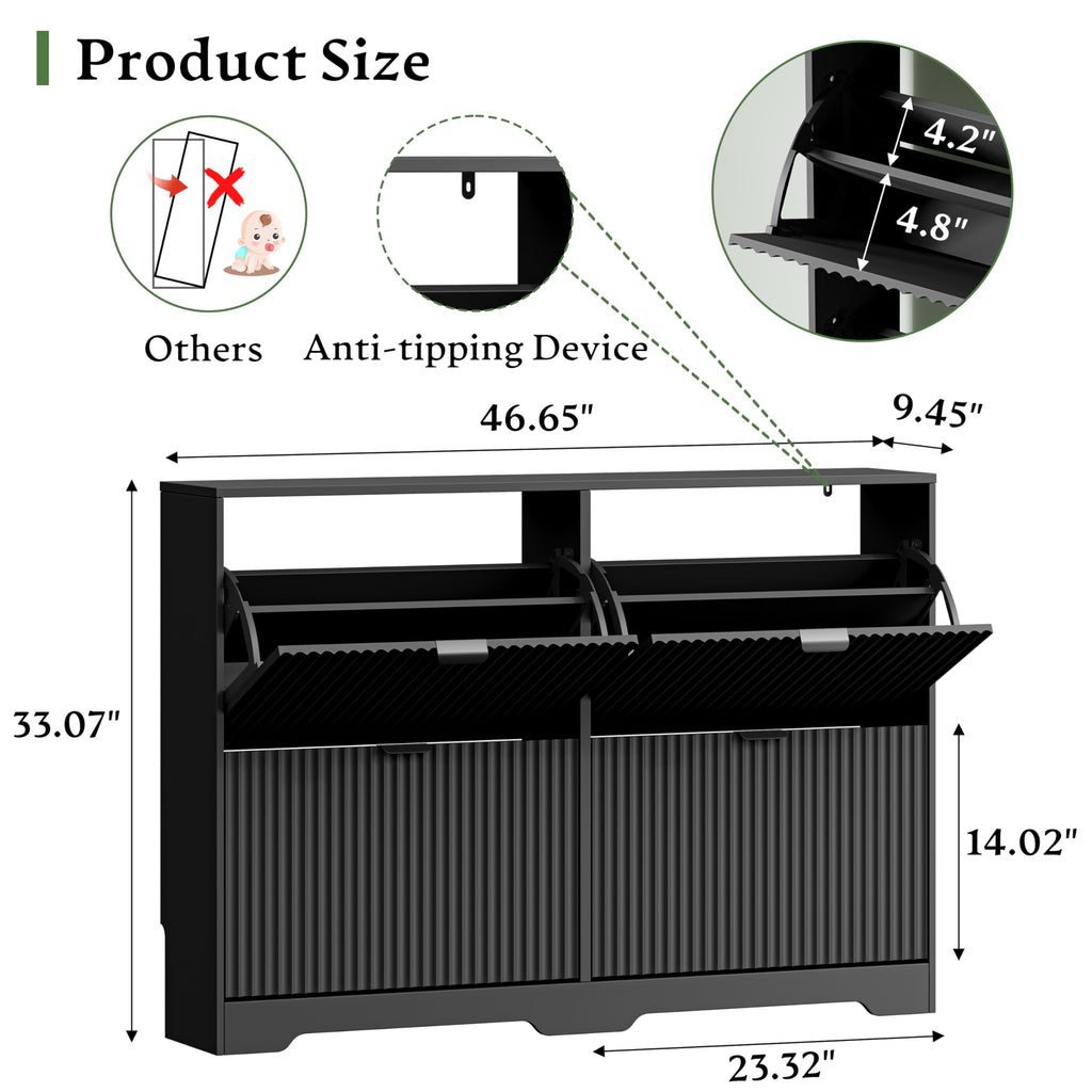 Shoe Storage Cabinet with 4 Flip Drawers, Hidden Slim Wood Shoe Organizer with Modern Fluted Panel, Freestanding