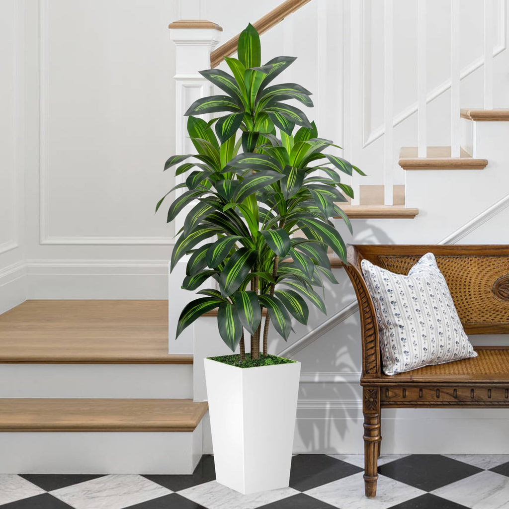 Dracaena Tree 5FT Artificial, 60in Tall Faux Dracaena Tree with 15.7 White Planter, Fake Potted Tree for Indoor &