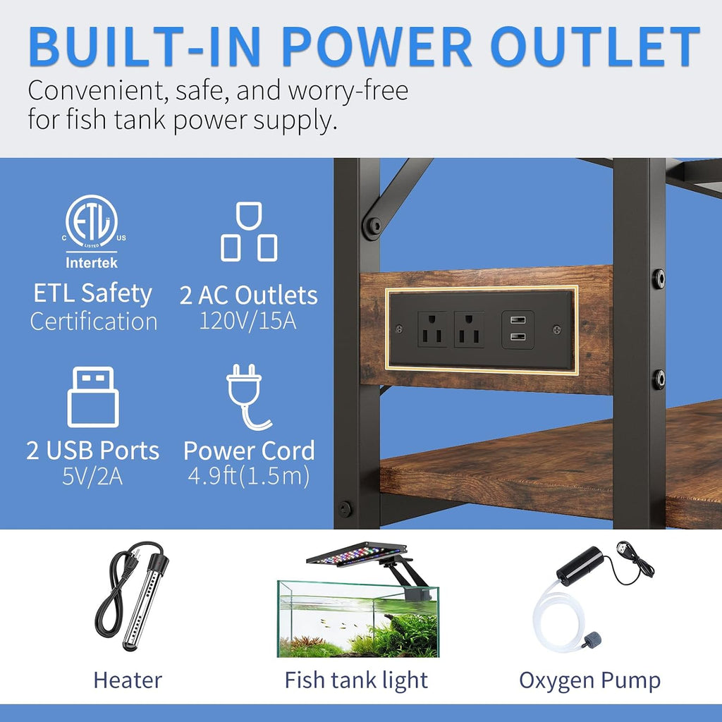 40 Gallon Fish Tank Stand with Power Outlet, Adjustable Shelf