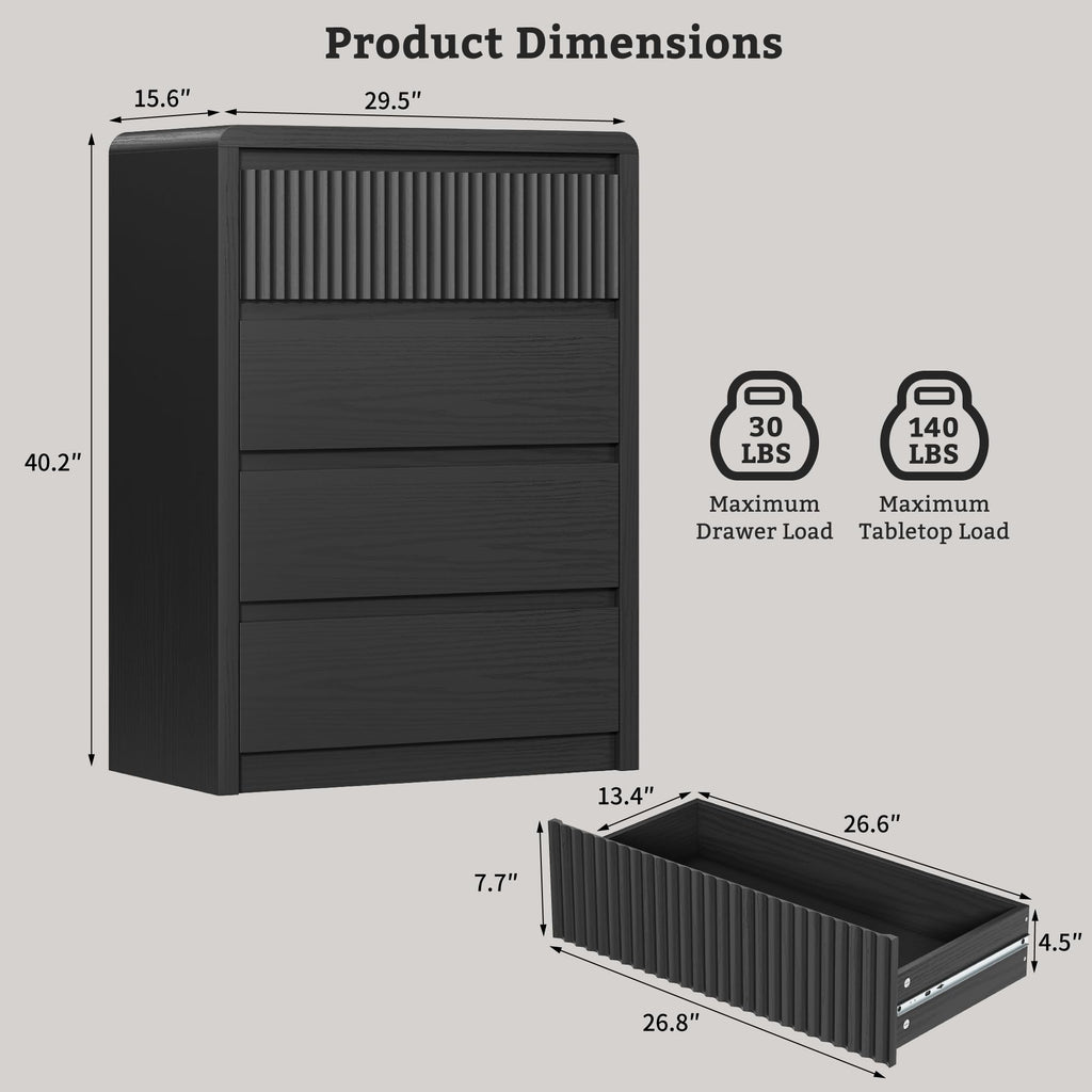 4 Drawer Dresser, 40" Tall Fluted Dresser with Curved Corners, Wood Dressers & Chests of Drawers with Dual-Panel
