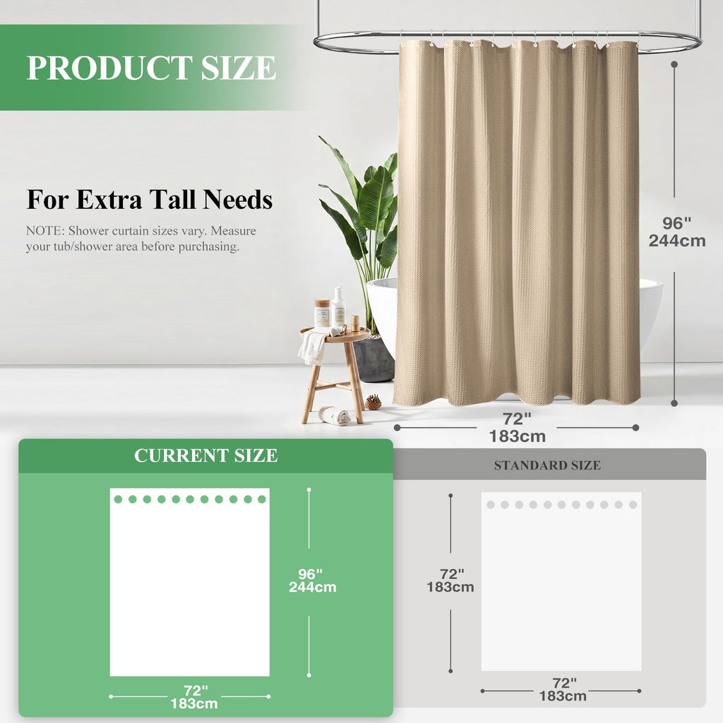 Extra Long Waffle Shower Curtain 256 GSM Fabric 72x96 Beige/Khaki