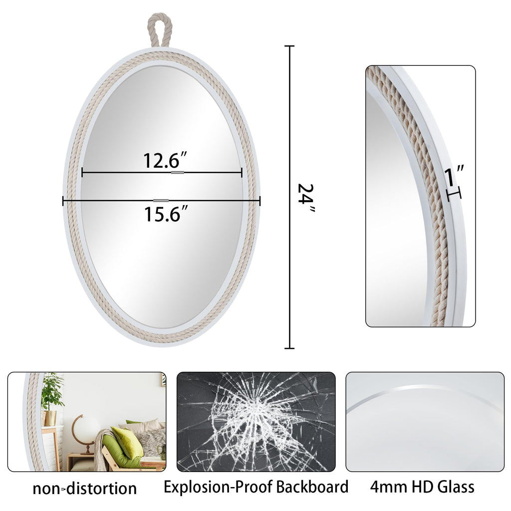 Oval Mirrors for Wall Decor Small White Nautical Rope Mirror Hanging Decorative Beach Coastal Mirror, 24''Lx16''W, Oval