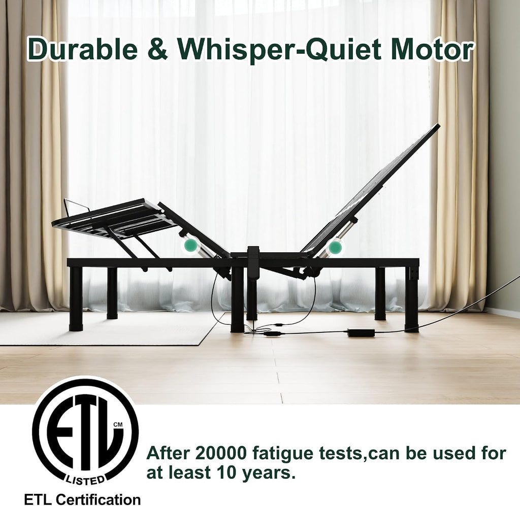 Queen Adjustable Bed Frame, Wired Remote Control, Independent Head and Foot Incline, Electric Bed Frame Base
