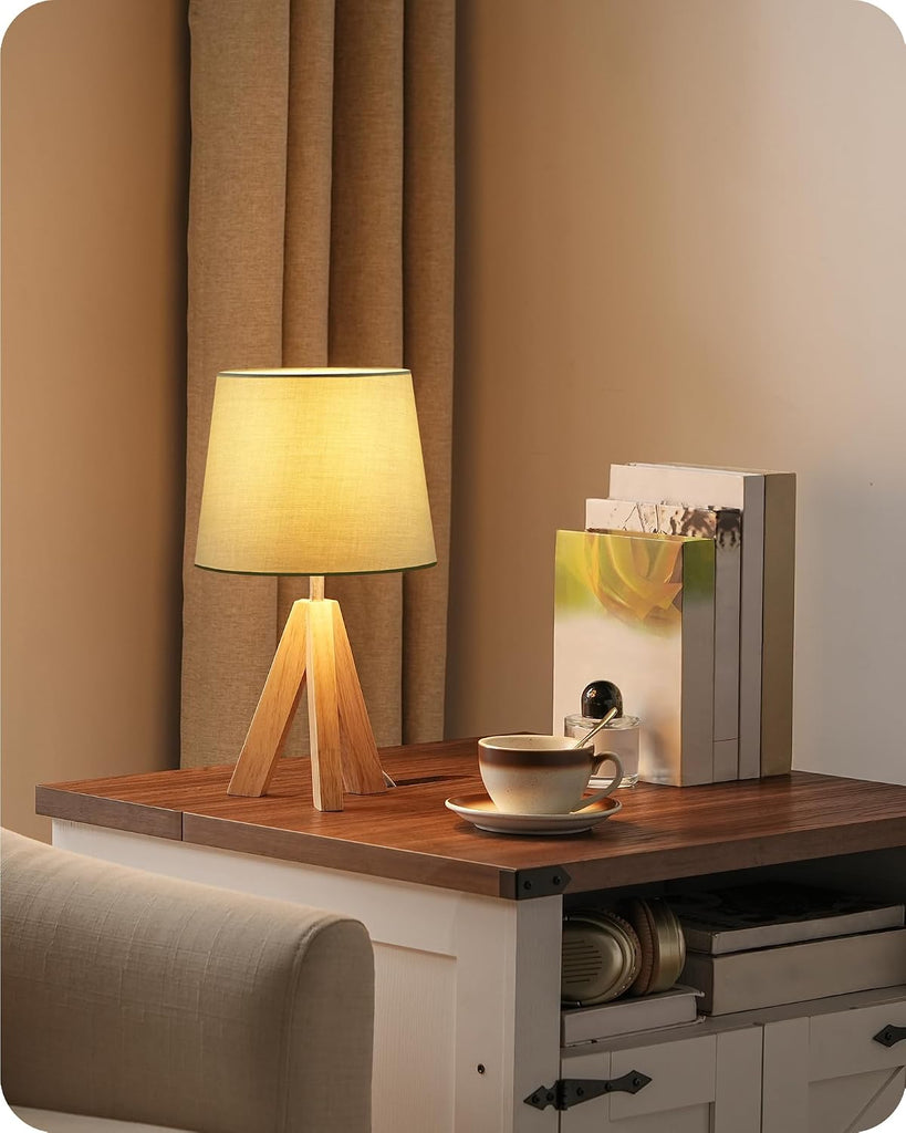 Tripod Table Lamp, Small Bedside Lamp with Wood Base & Green Fabric Shade, Little Cute Desk Lamp, Modern Nightstand