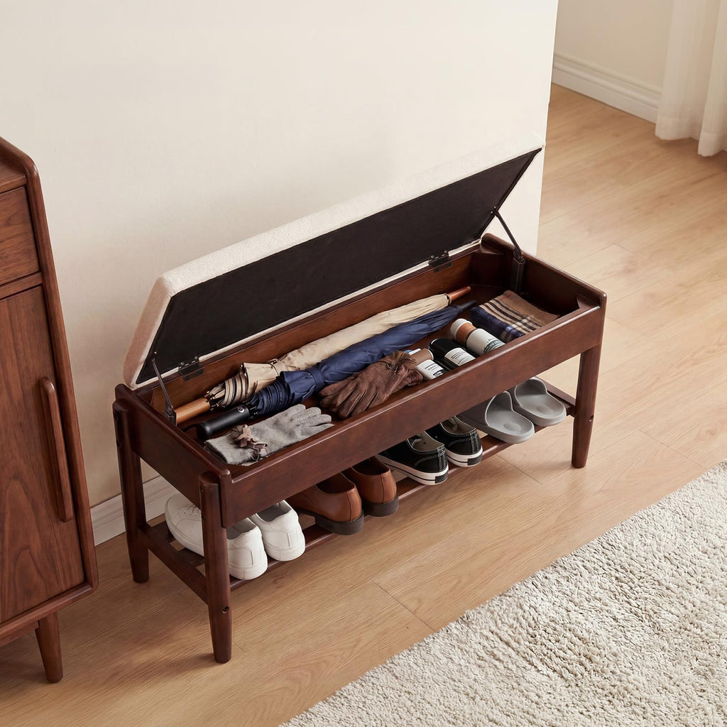 39.3" Solid Wood Shoe Rack Bench with Flip-Top Storage, 2 Tier Shoe Rack Bench with Chenille Cushion, Closet
