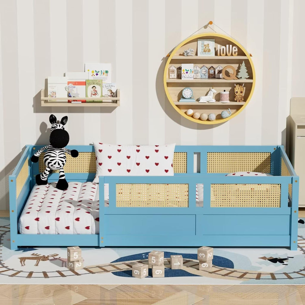 Floor Bed with PE Rattan High Fence, Wood Montessori Bed Frame with Slats for Children Girls Boys, Sky