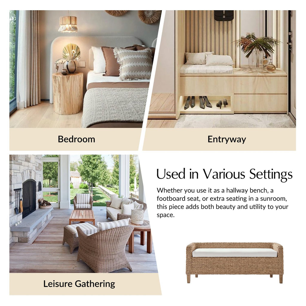 57" Rattan Storage Bench, Boho Wicker Bedroom Bench, Natural