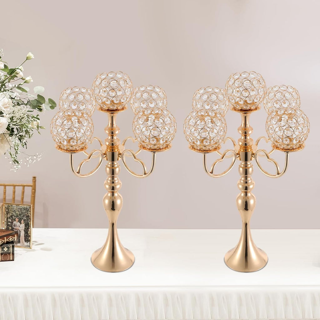 2 Pack Gold Candelabra Centerpiece 5 Arms with Crystal Pendant 21.5 Inch Tall Floor Crystal Chandelier Crystal Beaded