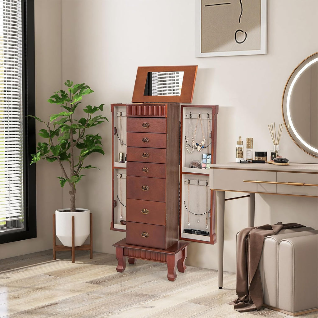 Jewelry Armoire, Wooden Jewelry Chest Storage Cabinet w/7 Drawers & 2 Swing Doors, 12 Necklace Hooks, Makeup Mirror &