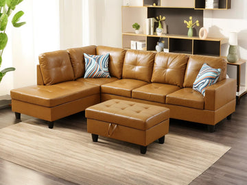 L Shaped Couch, Faux Leather Sectional Couches, Modern Living Room Furniture Sets Sofa in 3PCS /Office (B-Ginger