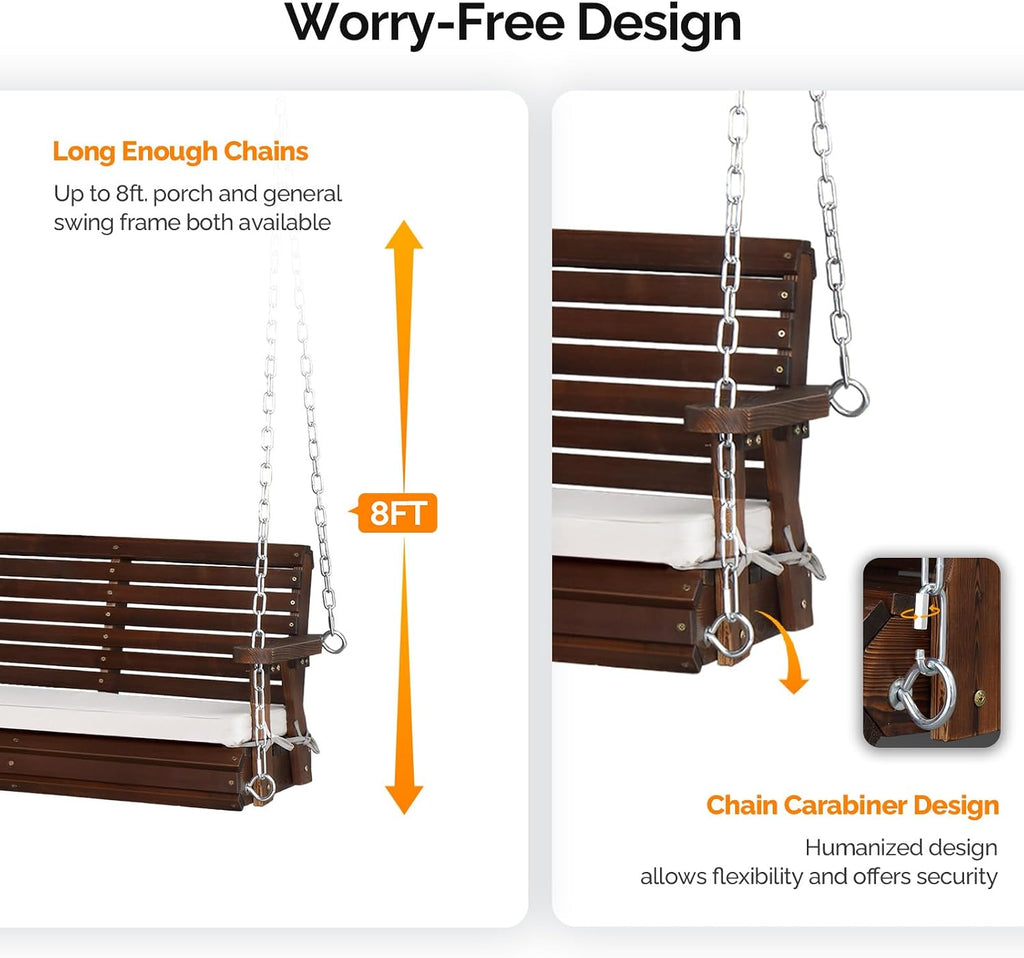 5 FT Heavy Duty Porch Swing with Cushion, 880 LBS Wooden, Rustic | Extra Cushion Included; Heavy-Duty Wood Frame;