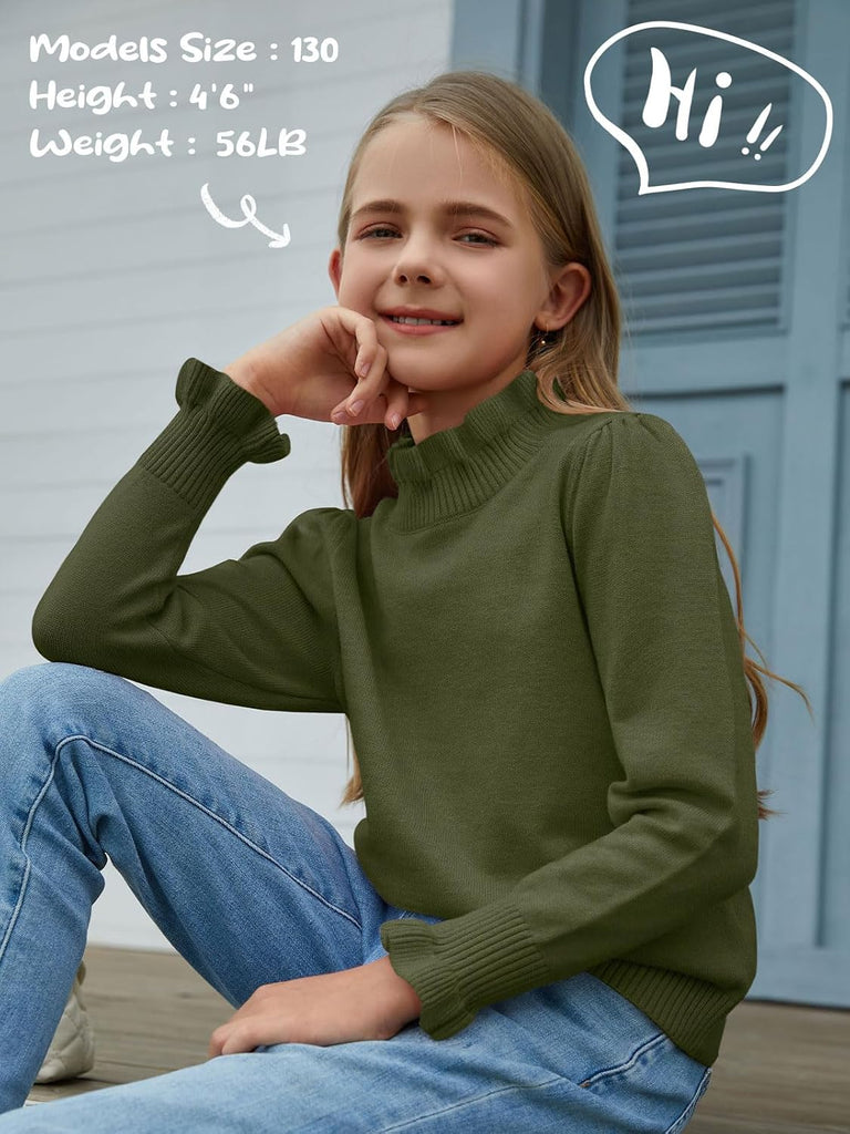 Girls Ruffle Mock Neck Sweater Puff Long Sleeve Fall Soft Knit Cute Pullover Sweaters Top