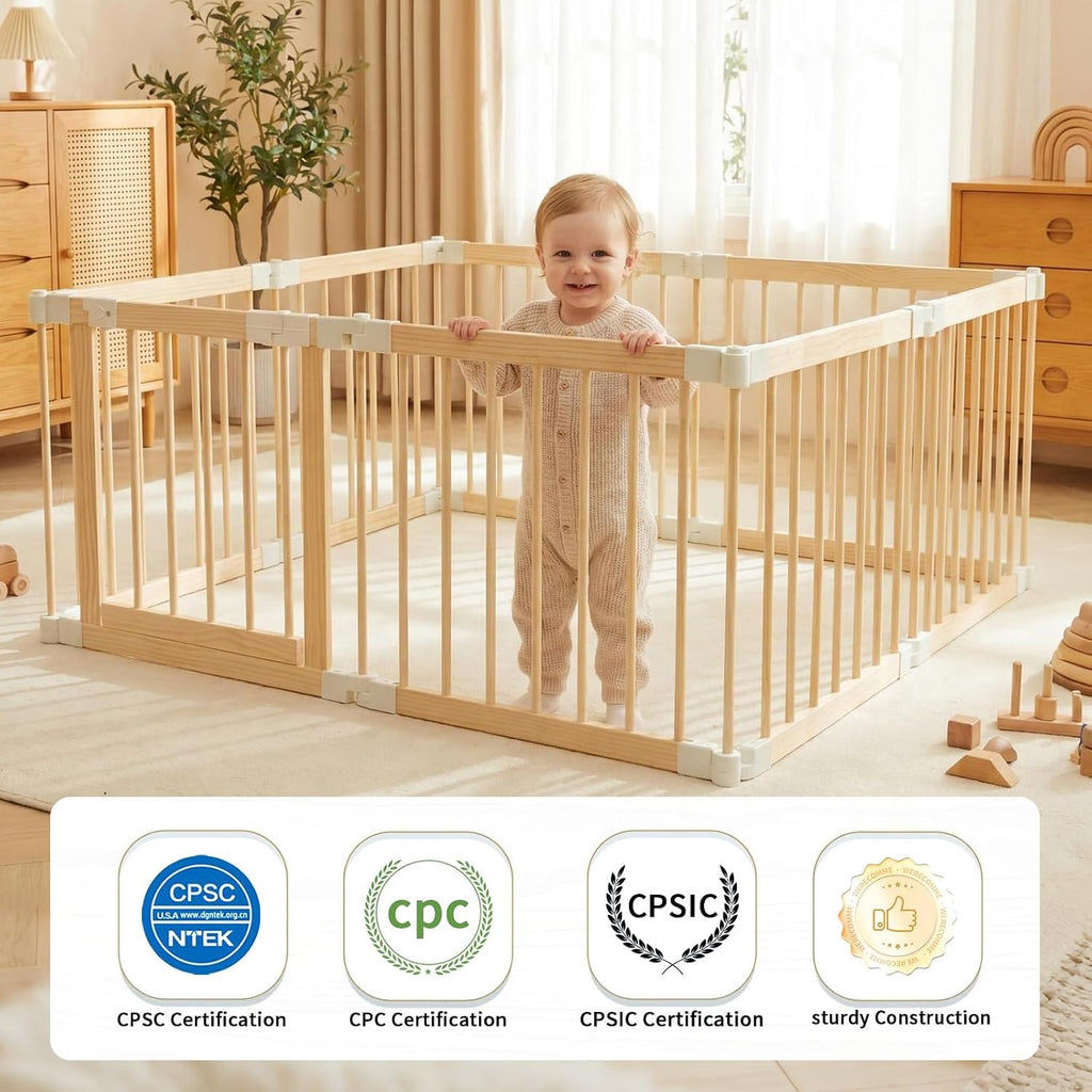 Baby Playpen, Wooden Play Yard with Gate, Playpen for Babies and Toddlers, Baby Activity Center with Child-Proof