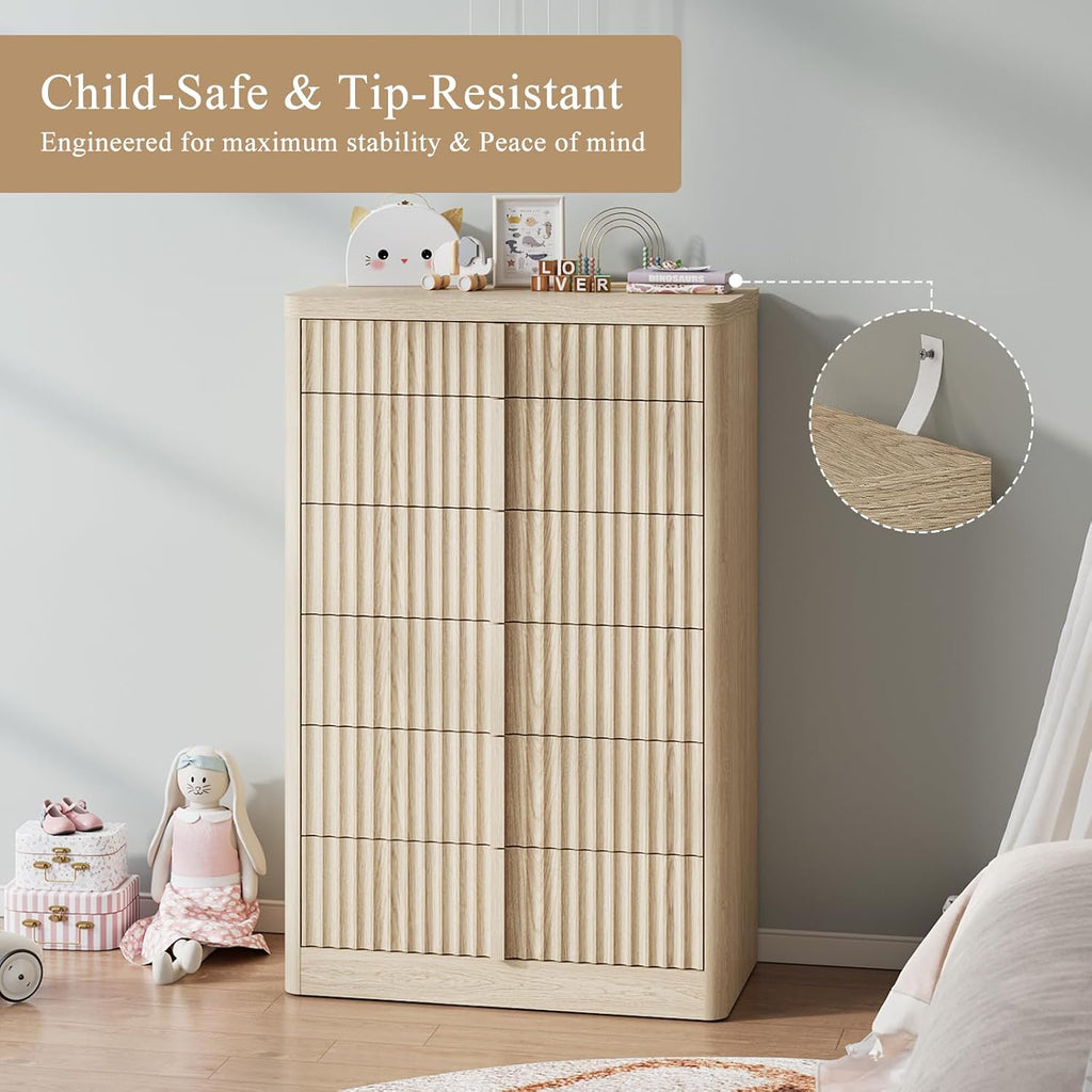 Fluted Dresser , 48" Tall 6 Drawer Dressers, Modern Chest of Drawers with Solid Wood Handle, Curved Profile Design