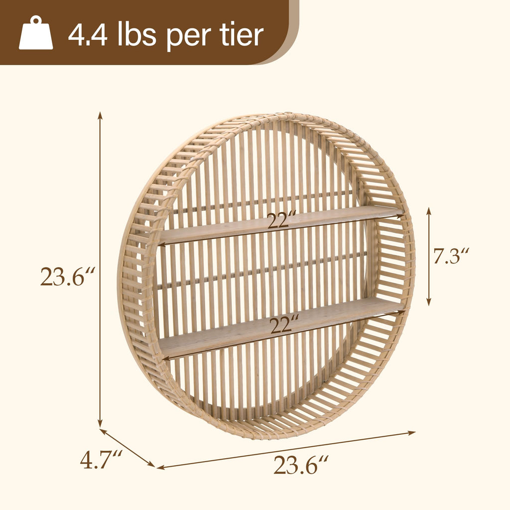 Rattan Wall Shelf 3 Tier Boho Wall Mounted Shelf Farmhouse Handcraft Round Floating Shelf Display Rack Storage