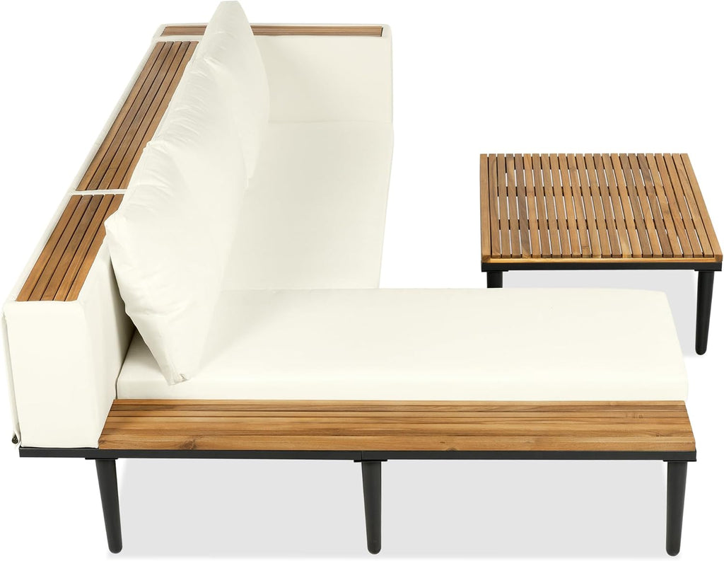Luxury 4-Piece L-Shaped Outdoor Patio Sofa Set with Acacia Wood Side & Coffee Table, Removable Cushions & Pillows