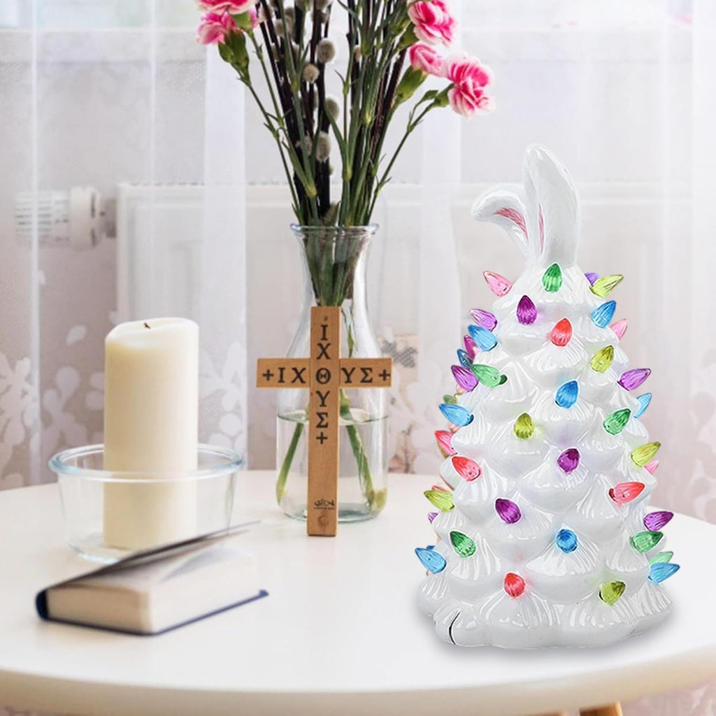 Lighted Easter Bunny Decorations, Ceramic Bunny Tree Figurine Night Lights, 10" Easter Gifts Cute Ornaments Table