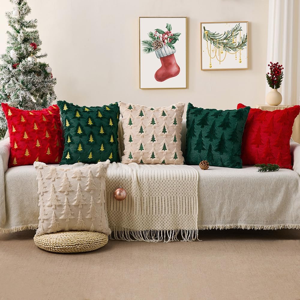 Christmas Pillow Covers 18x18 Beige Double Xmas Tree Pillow Covers Soft Plush Faux Fur Christmas Decorations - Set of 2