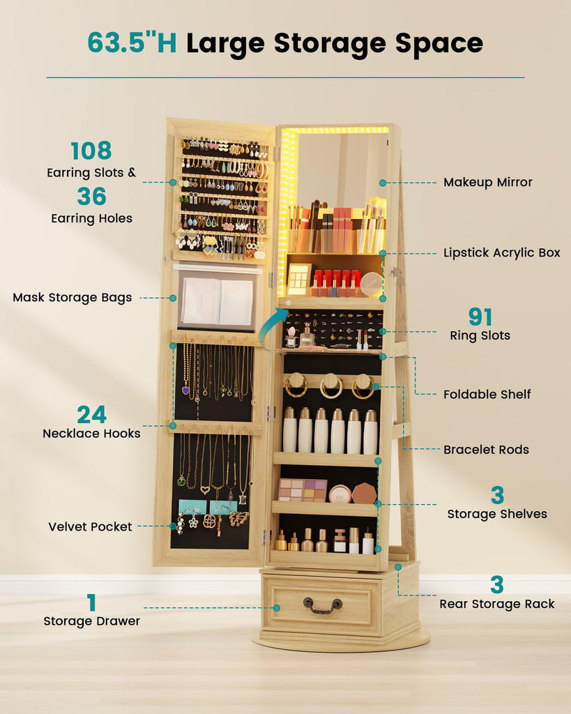 Mirror Jewelry Cabinet Standing with Lights, Lockable, Swivel, Wood