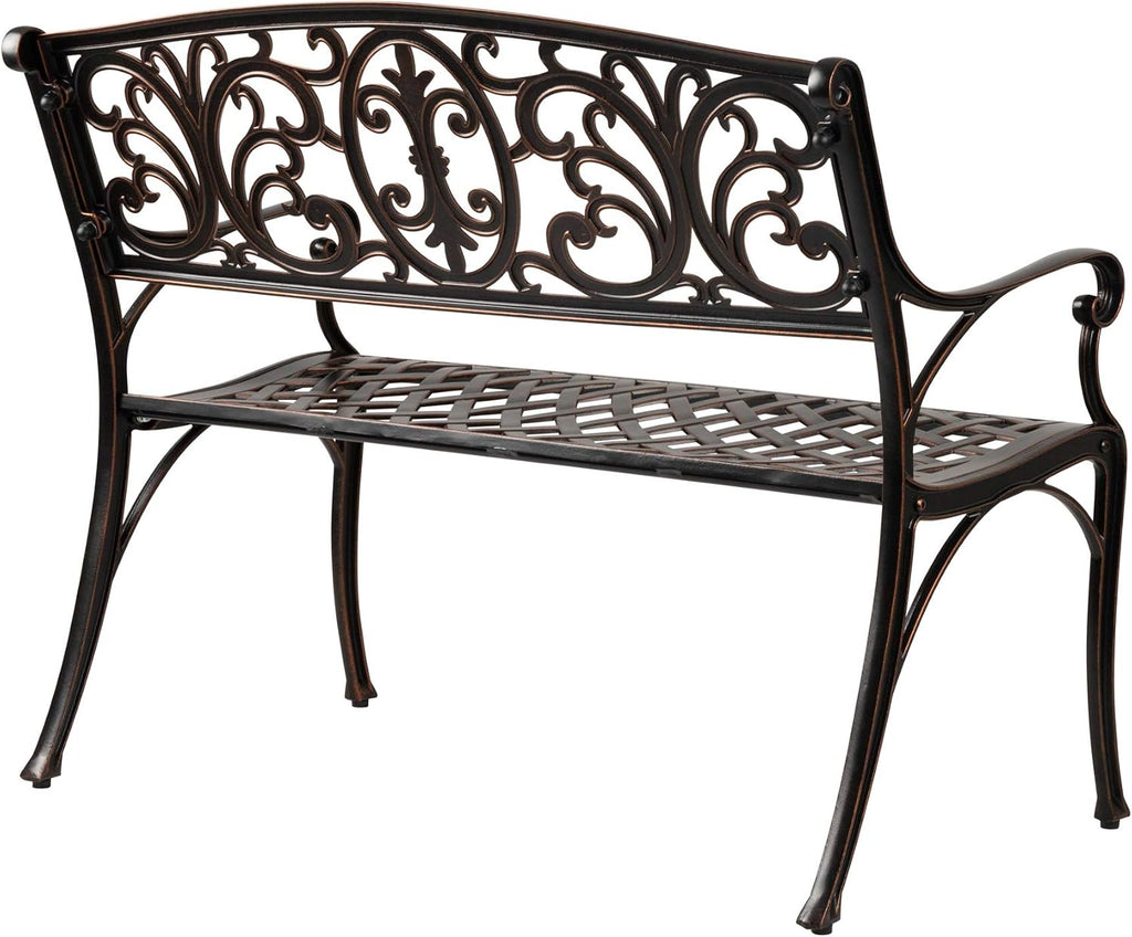 Cast Aluminum Patio Bench | Antique Bronze Finish | Heavy Duty Rust Free Metal Construction | Lightweight |