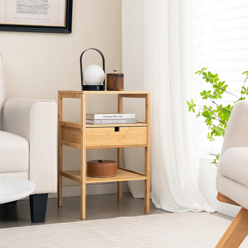 3-Tier Bamboo Nightstands Set of 2 with Drawer, Open Shelf, Natural