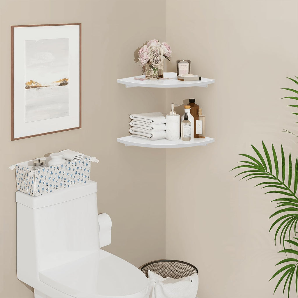Corner Wall Shelf, 12 in Wide Rounded Corner Shelf Floating, Set of 2 Wooden Hanging Corner Shelves with Wire Hole