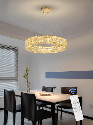 Dia 24" Modern Crystal Chandelier Gold Ring Chandelier Adjustable Height Luxury Crystal Pendant Ceiling Light Fixture for Dining Living Room Bedroom A122-B0CJ5566GX