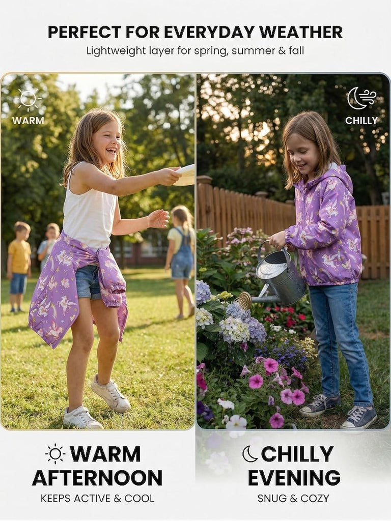 Girls Lightweight Hooded Jacket Kids Water-Resistant Windbreaker Printed Jacket