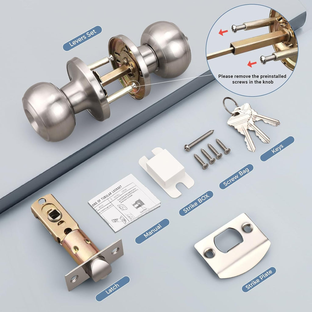 2 Pack Brushed Nickel Door Knob with Lock and Key, Keyed Alike, Exterior Keyed Door Knobs Lock with Same Keys in