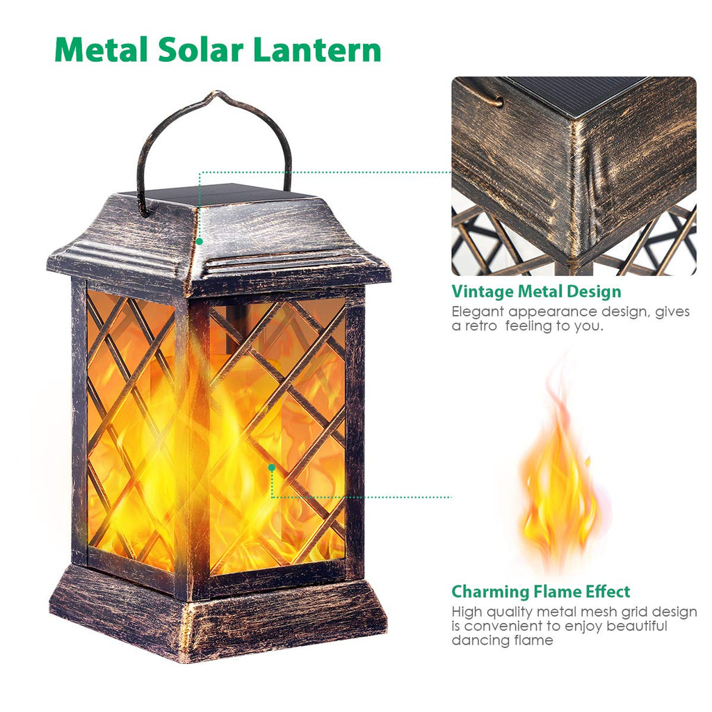 Flickering Flame Solar Lights Outdoor Metal Hanging Lantern, 2 Pack