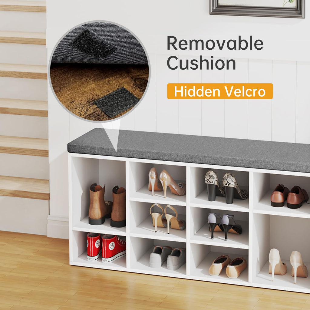 3-Tier Shoe Bench with Cushion | White/Grey | 10 Compartments