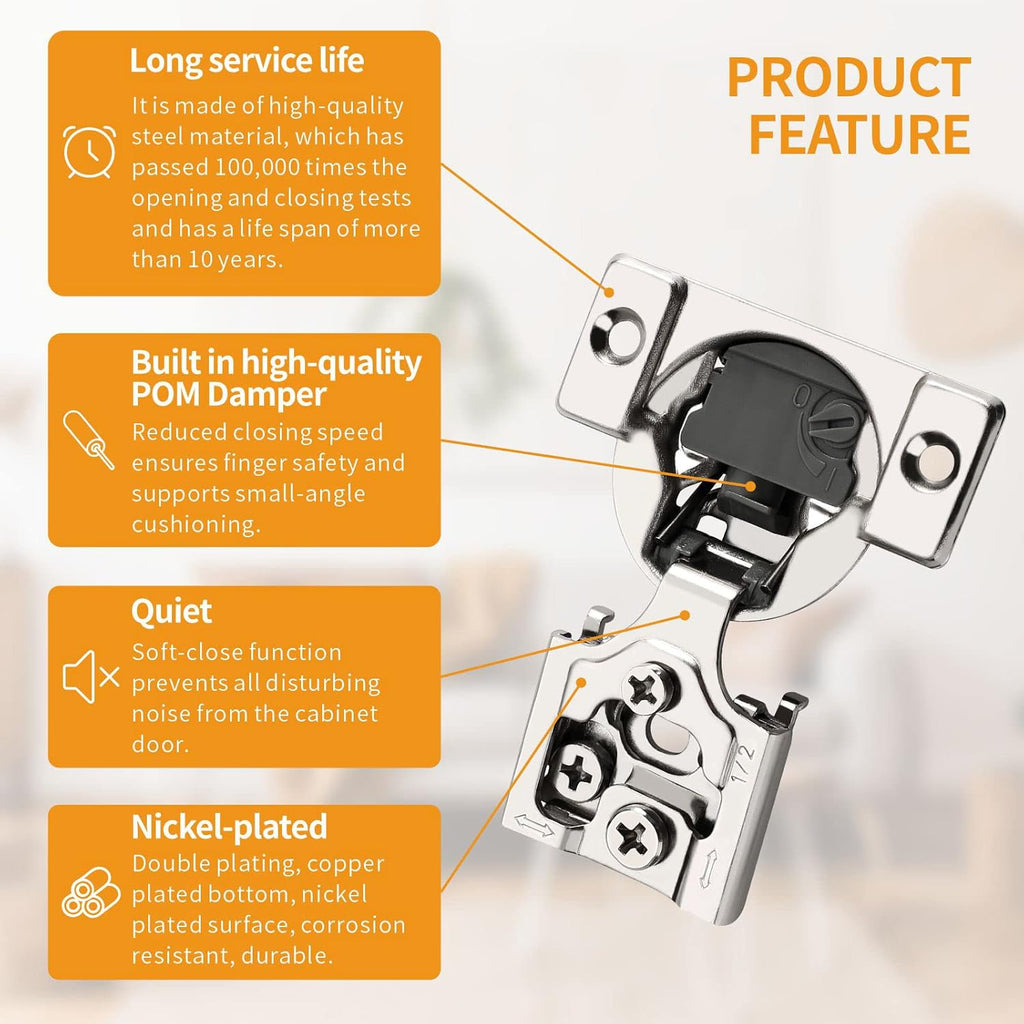 10 Pack 1/2" Overlay 4D Soft Close Concealed Hinges for Face Frame Door, Adjustable Closing Speed, Smooth Slow Self