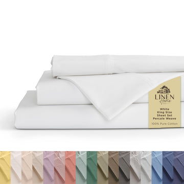 Home 100% Cotton Percale Sheets King, 4 Pc Cooling Set - White