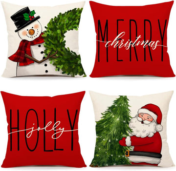 Red Christmas Pillow Covers 18x18 - Farmhouse Decorations With Snowman, Wreath, Santa Claus, Tree - Merry - Set of 4