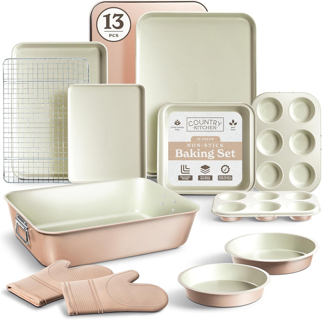 Nonstick Stackable Bakeware Set - Deluxe Heavy Duty, Durable, Easy Release Baking Set, Taupe, 13 Pcs with Handles