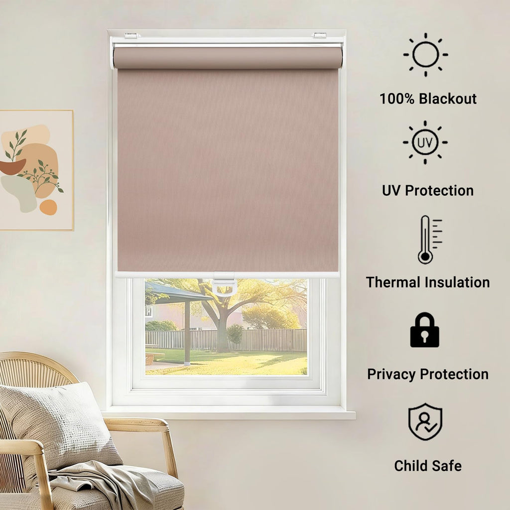 Cordless Blackout Roller Shades for Indoor Windows, Brown